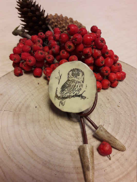 Engraved Owl Horn Bolo Tie: Handmade Western Cowboy Necklace