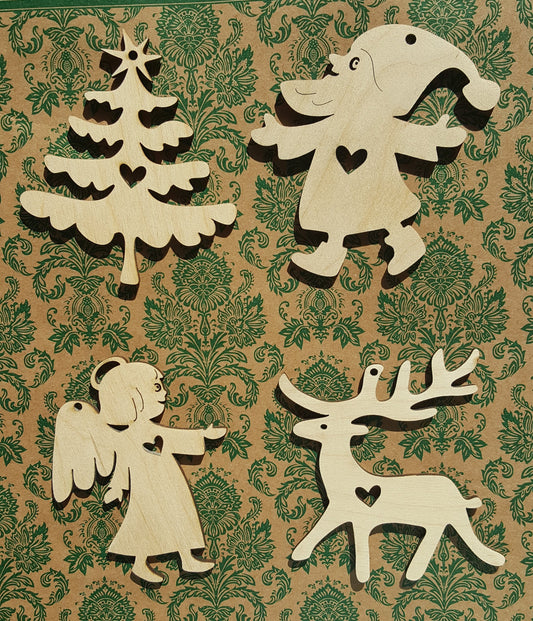 Laser Cut Wood Christmas Ornaments: Gnome, Angel, Deer, Tree - Set of 4