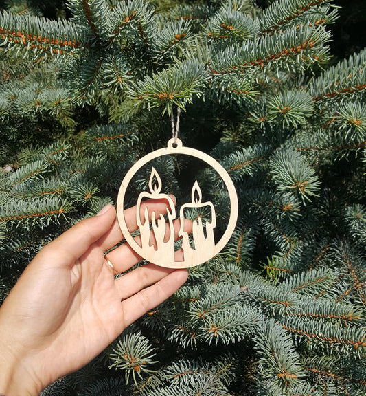 120 Laser Cut Wood Christmas Ornaments: Candle Design, Red Ribbon