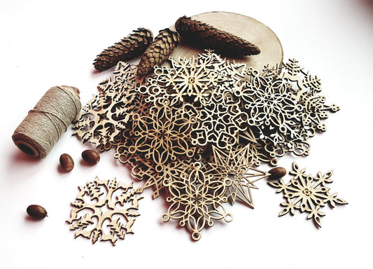 Laser Cut Wood Snowflakes: Rustic Christmas Tree Ornaments, Set of 32