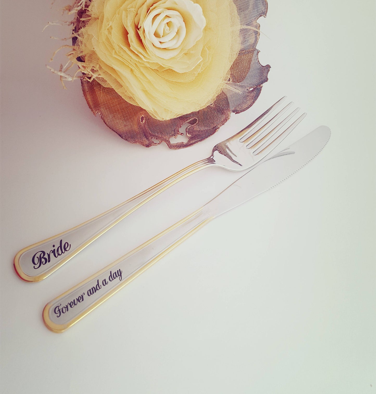 Engraved Wedding Knife and Fork Set: Personalized Gold Silverware