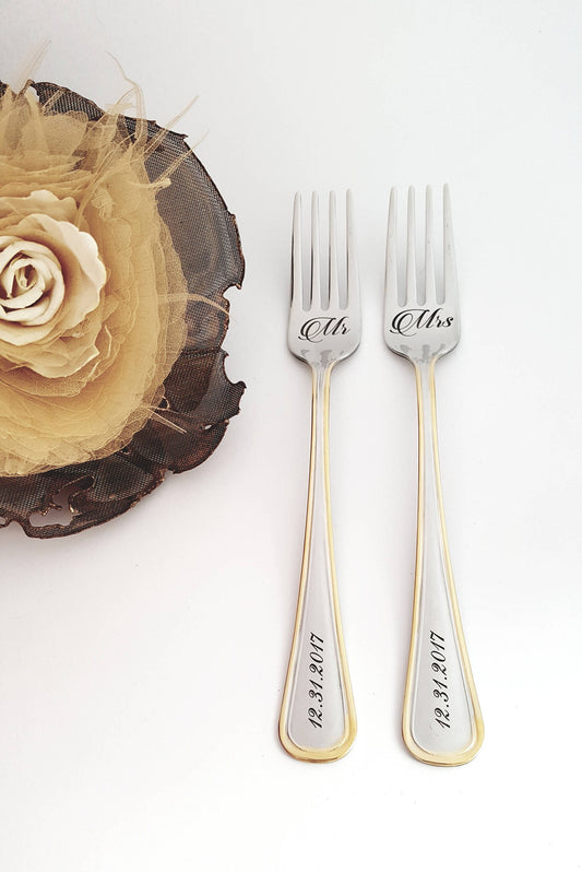 Engraved Wedding Forks: Personalized Mr & Mrs Gold Flatware Set