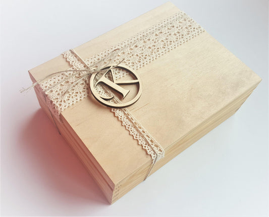 2 custom sets of personalized letter tags. 5 wooden initial tags 2.3" size. 5 tags 3.5" size. Letters - J K L N V