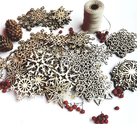 Rustic Christmas Ornaments Set of 32 or 48 – Natural Wooden Snowflakes for Tree, Winter Wedding Decorations, Gift Tags & DIY Projects