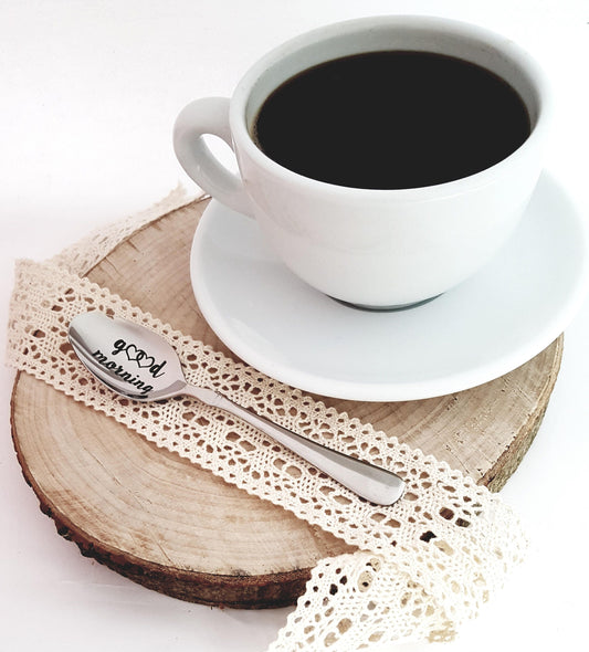 Coffee spoon with engraved quote GOOD MORNING, personalized bauble gift for friend, mother, father, Christmas present for coffee lovers,
