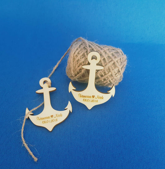 Engraved Wooden Anchor Favor Tags: Beach Wedding Place Cards