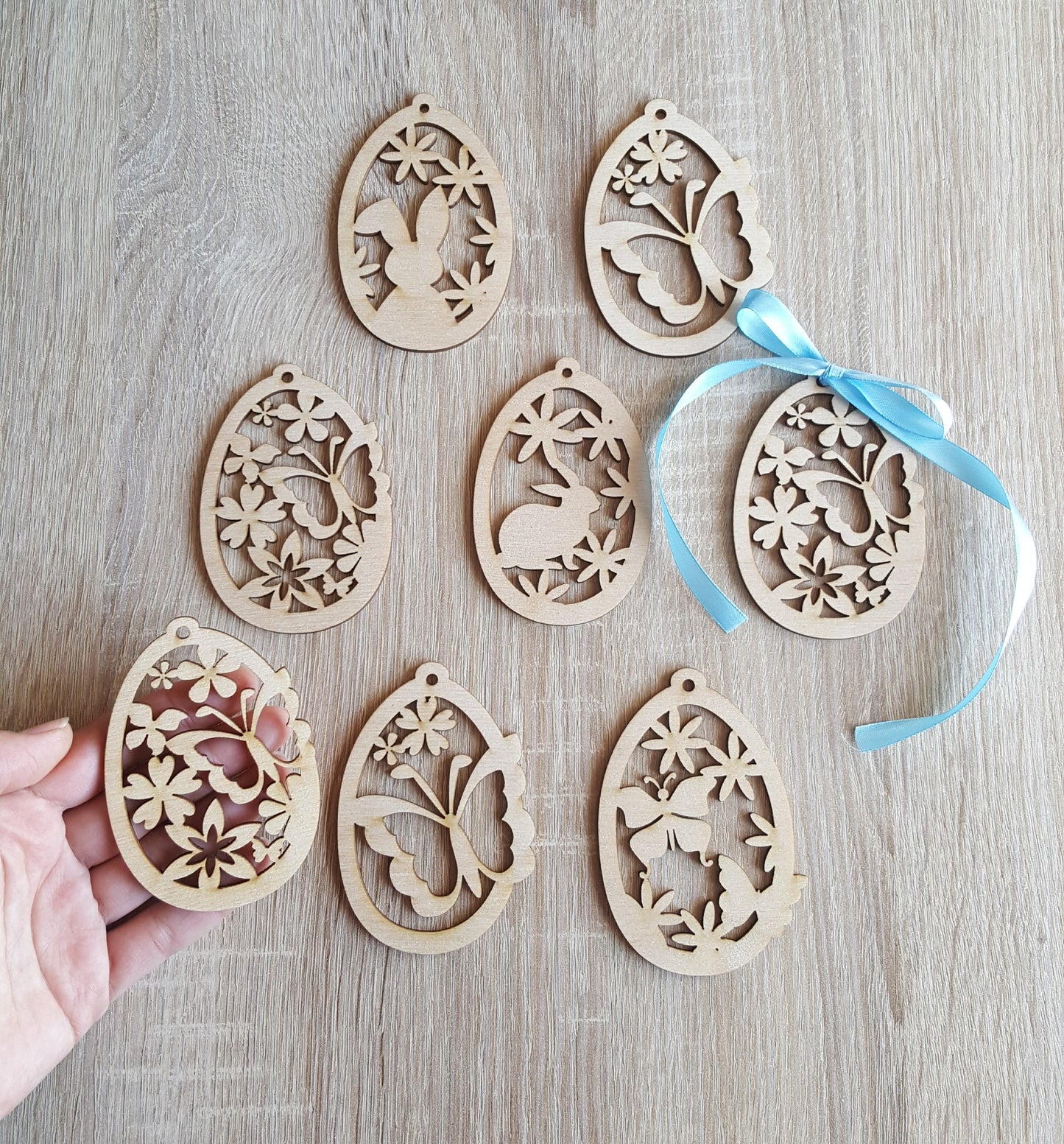 Laser Cut Wood Easter Egg Ornament: Bunny, Butterfly, Flower Decor