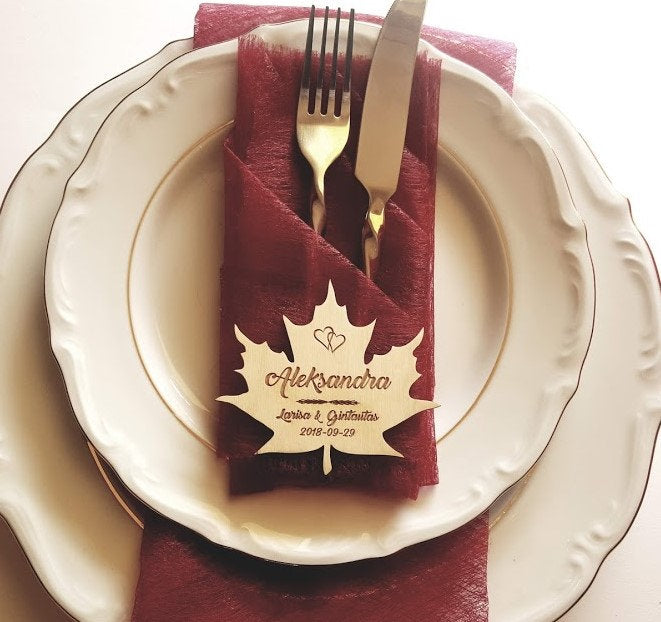 Laser Cut Maple Leaf Wood Place Card: Personalized Wedding Table Setting