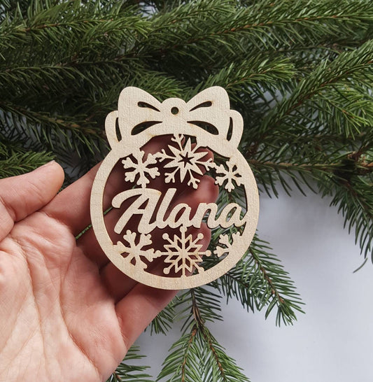 Personalized Christmas bauble, wooden name ornament, laser cut snowflake decoration, Xmas lockdown pandemic gift