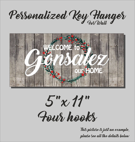 Key holder for wall, personalized family key rack organizer, custom wooden housewarming gift, decorative key hanger with hooks, wooden sign