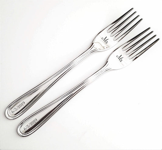 LGBT wedding gift, Mrs/Mrs Mr/Mr engraved forks, Same sex couples keepsake for anniversary housewarming, personalized silver dining set