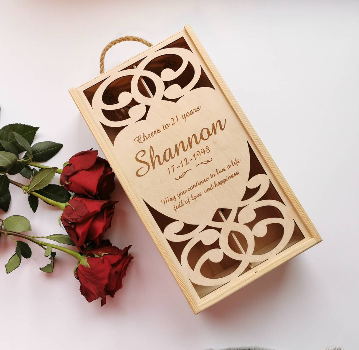 Two-bottle wine gift box with personalized cutout lid