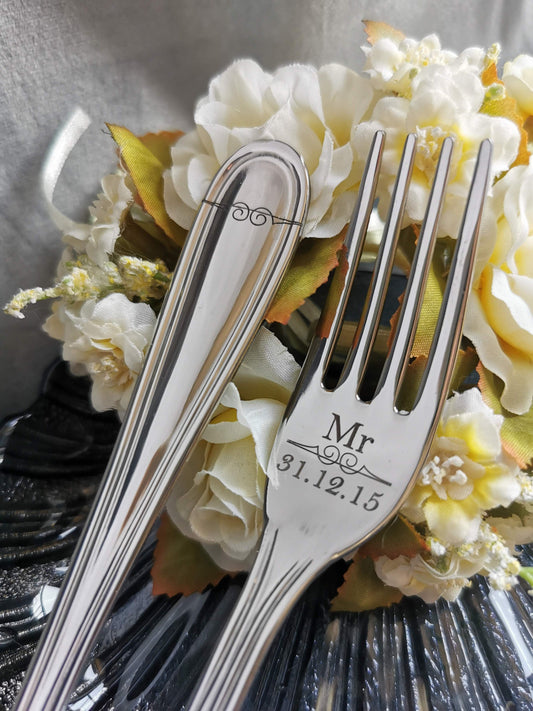 Engraved Wedding Cake Forks: Personalized Mr & Mrs Keepsake