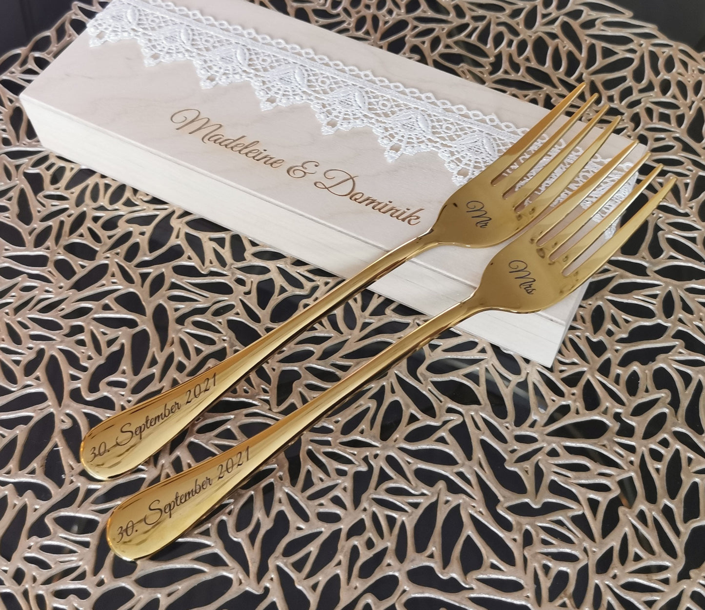 Engraved Gold Wedding Forks: Personalized Mr & Mrs Keepsake