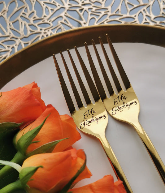 Engraved Gold Wedding Forks: Personalized Mr & Mrs Keepsake