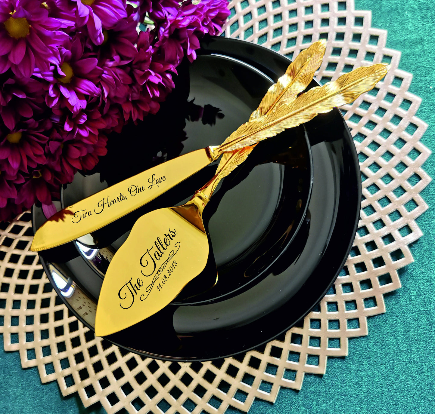 Personalized Gold Wedding Cake Slicer Set: Engraved Bridal Shower Gift