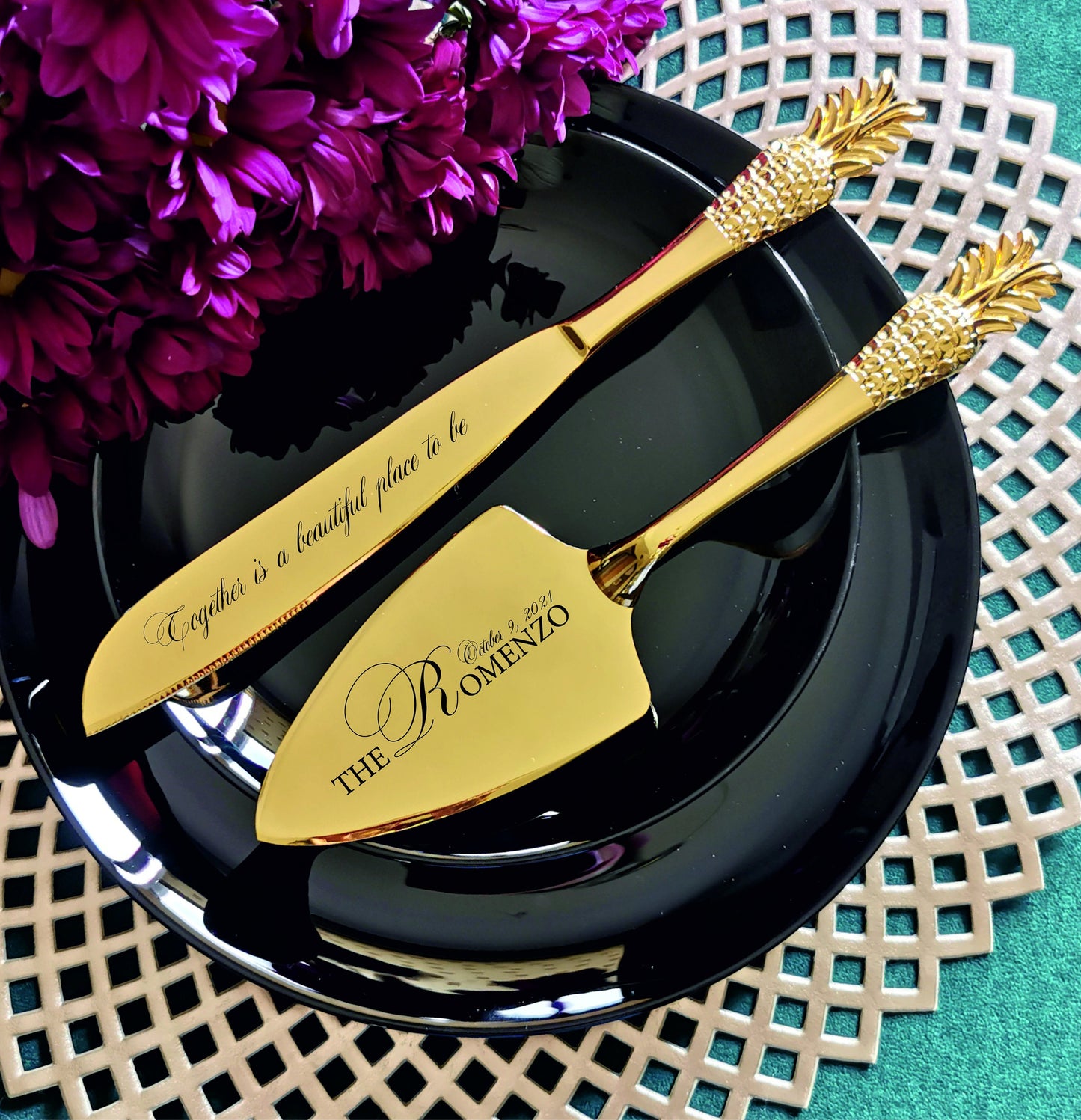 Personalized Gold Wedding Cake Knife and Server Set: Engraved Bridal Gift