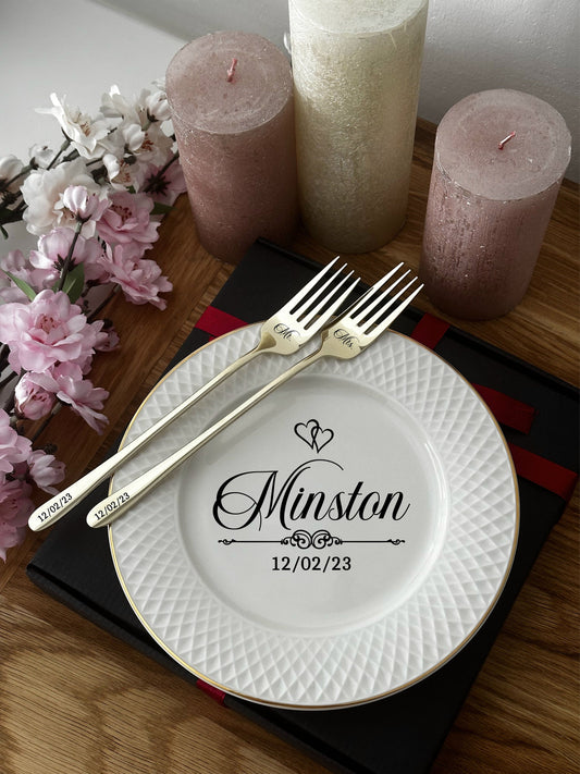 Personalized Wedding Cake Tasting Set: Engraved Gold Forks & Porcelain Plate