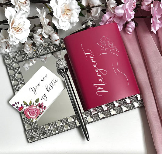 Personalisierter Flachmann für Braut und Brautjungfern, graviert, elegantes Geschenk zur Hochzeit, zum Junggesellinnenabschied oder Geburtstag – ein perfektes Geschenk für Damen und Frauen.