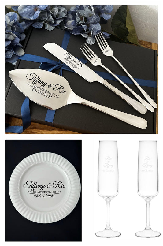 Engraved SILVER cake cutting set with 2 forks and 2 champagne glasses, 1 white plate. Personalization on each pcs, shipping to the US