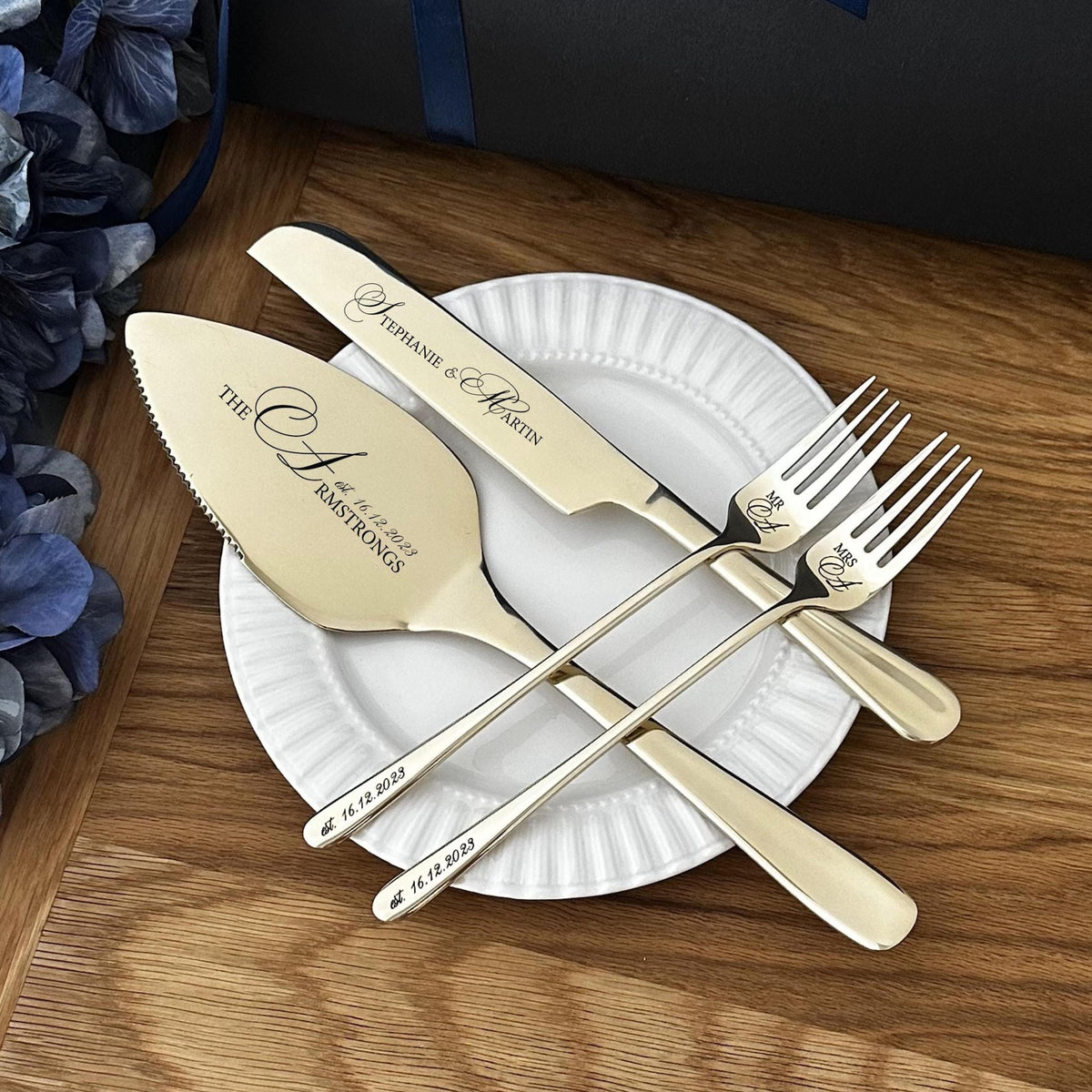 Personalized wedding cake knife, server and two forks in gold