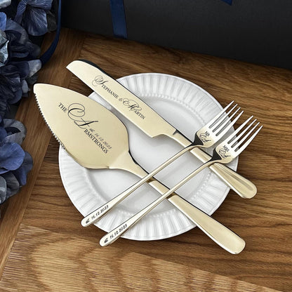 Personalized wedding cake knife, server and two forks in gold