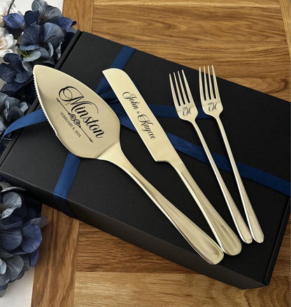 Engraved wedding cake knife, server and forks with black gift box