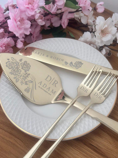 Champagne finish wedding cake knife, server and forks with vintage floral engraving