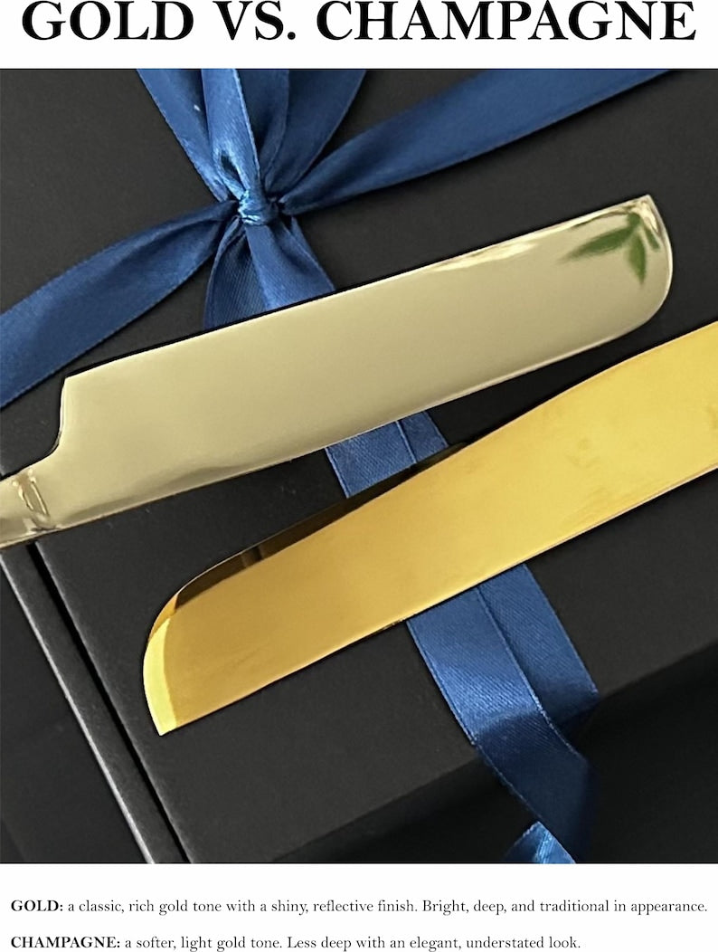 Comparison of gold and champagne finishes for wedding cake utensils