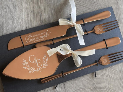 Rose gold wedding cake knife and server with floral monogram engraving