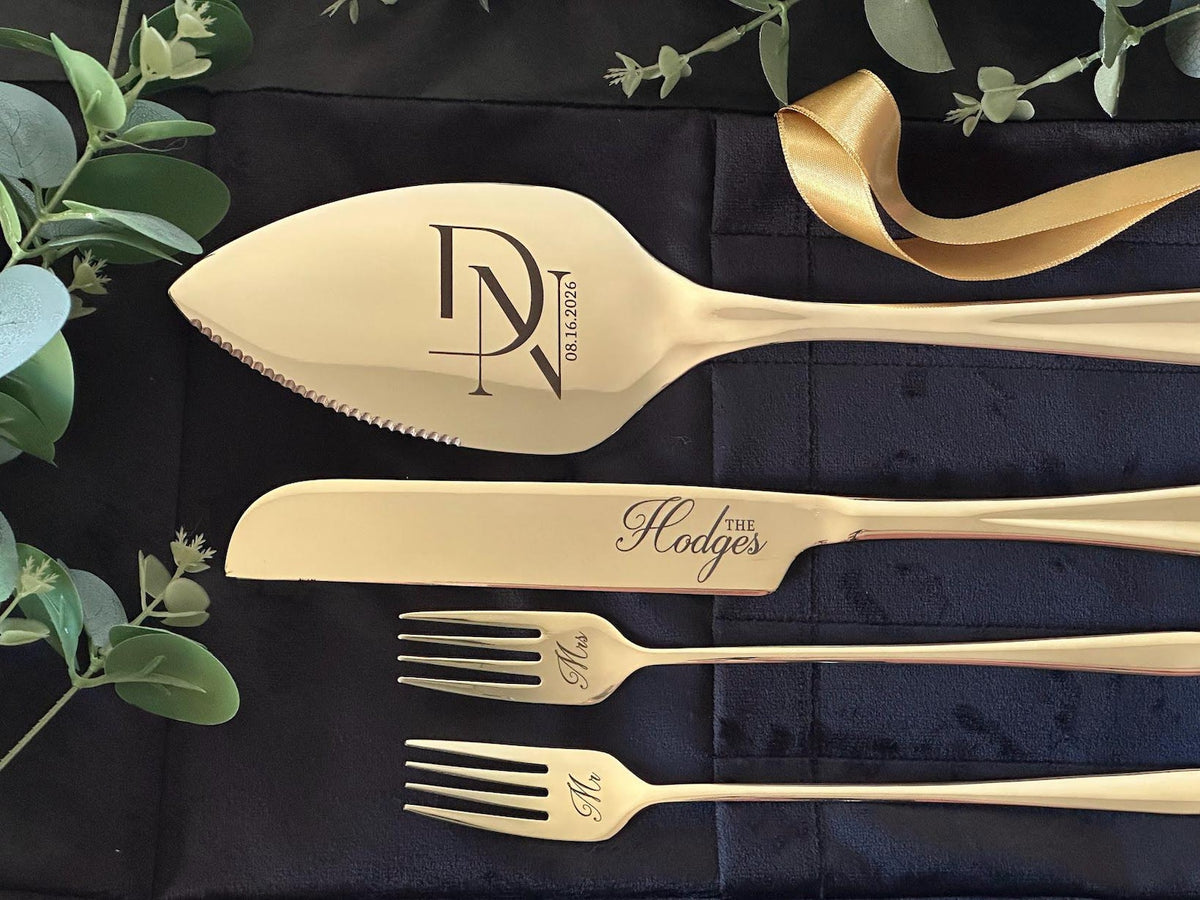 Wedding cake knife, server and forks with minimalist initials and date