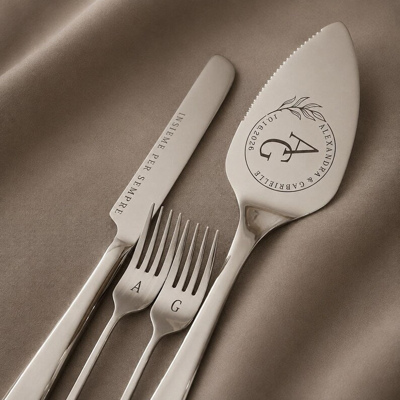 Silver wedding cake knife, server and forks with minimalist initials