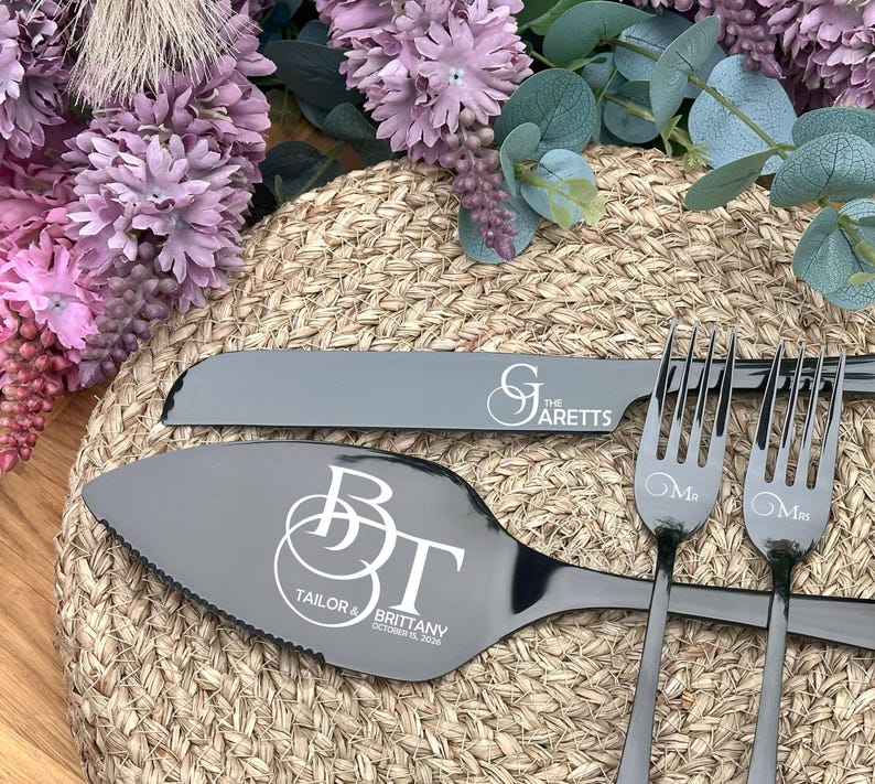 Black wedding cake knife, server and forks with modern monogram