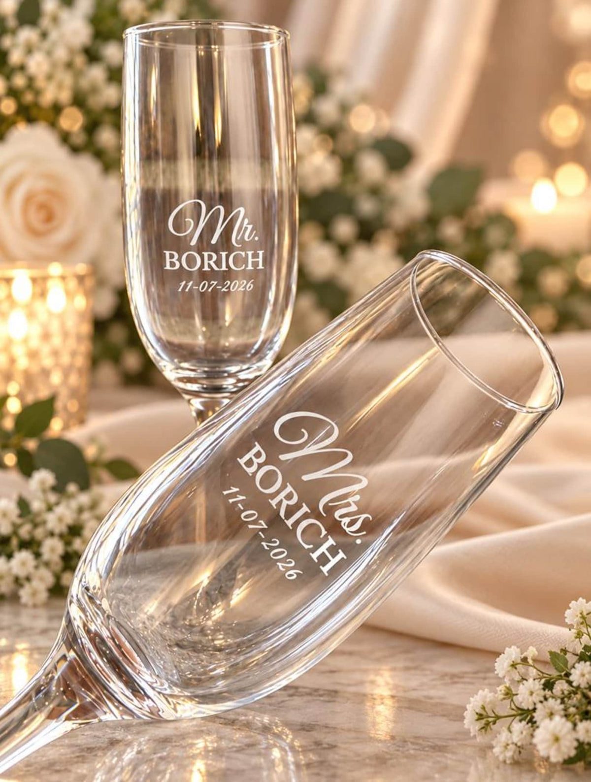 Mr and Mrs champagne flute pair with engraved surname and wedding date