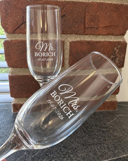 Mr and Mrs engraved champagne flute pair with surname and wedding date
