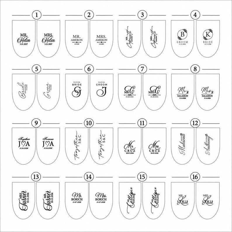Sixteen standard engraving styles for personalized champagne flutes