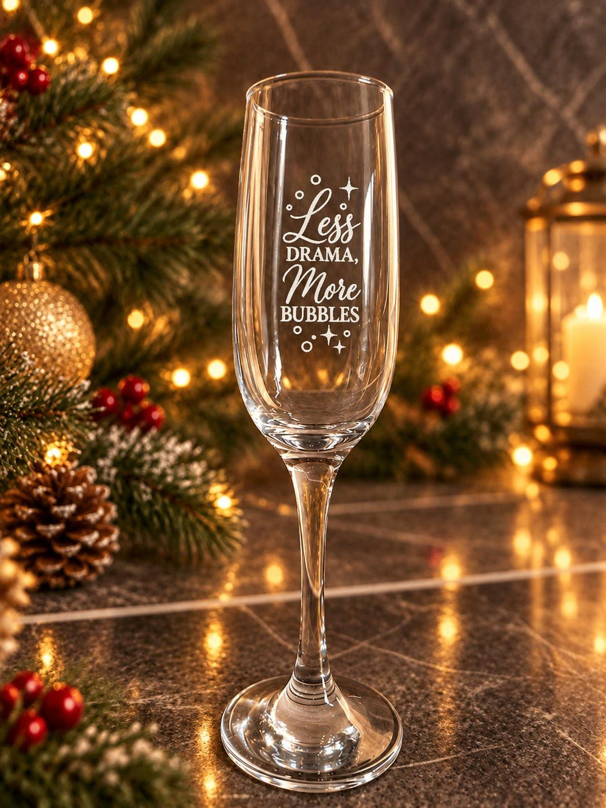 Less Drama More Bubbles engraved champagne flute