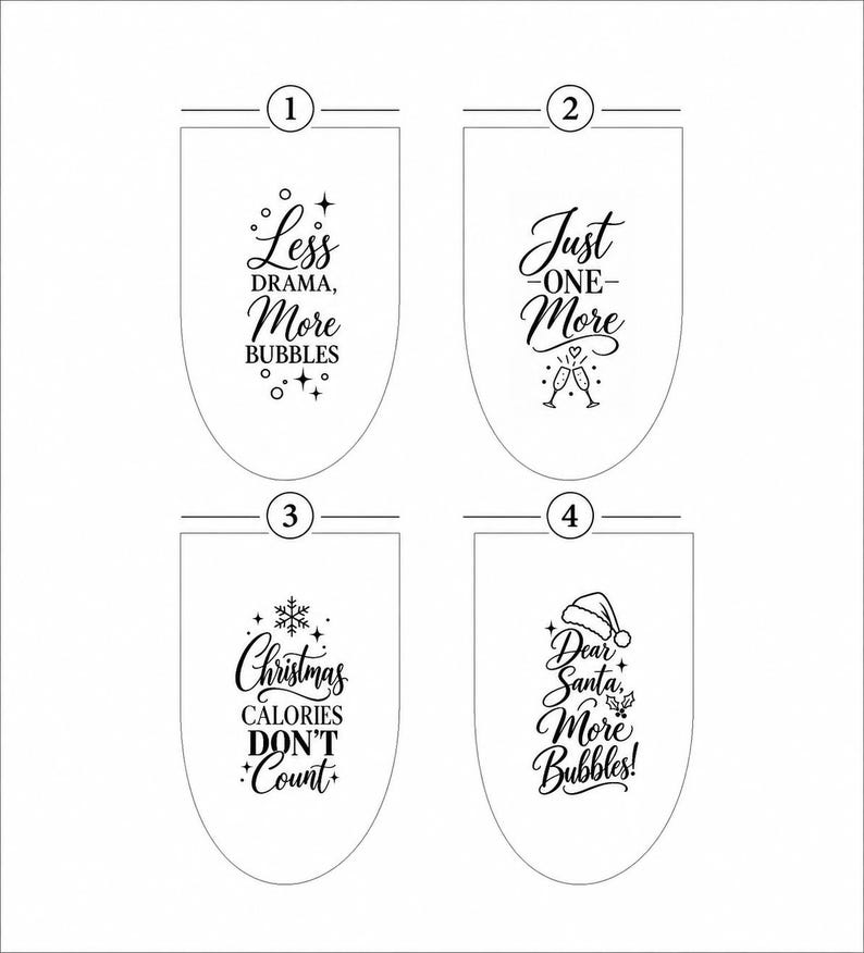 Four funny and Christmas champagne flute designs numbered 1 to 4