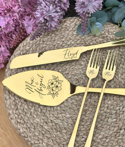 Champagne Cake Cutting Set for Wedding Ceremony: Engraved Solid Stainless Steel Server Knife & Forks for Bride and Groom, Anniversary Gift