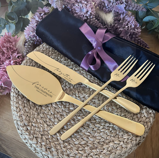 Engraved Cake Serving Set for Wedding: Personalized Server, Knife, Forks for New Family, Luxury Bridal Shower Anniversary Gift