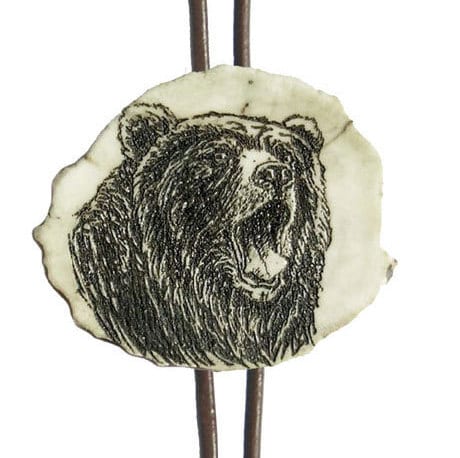 Engraved Grizzly Bear Bolo Tie: Handmade Deer Horn Pendant Necklace US TAXES PAID