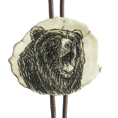 Engraved Grizzly Bear Bolo Tie: Handmade Deer Horn Pendant Necklace US TAXES PAID
