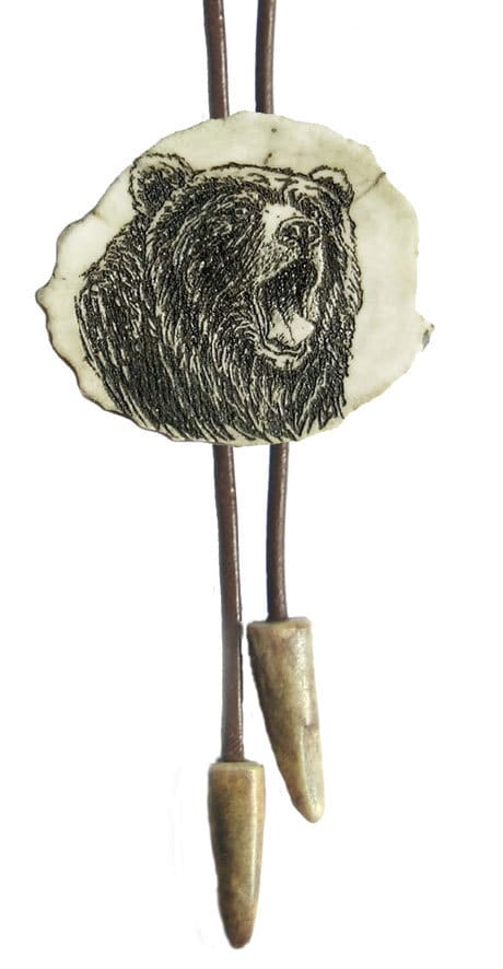 Engraved Grizzly Bear Bolo Tie: Handmade Deer Horn Pendant Necklace US TAXES PAID