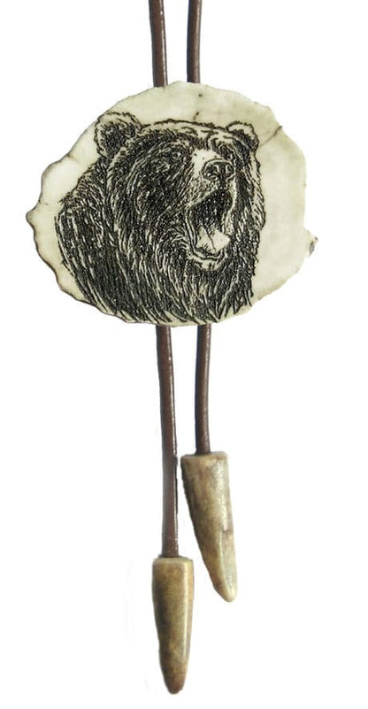 Engraved Grizzly Bear Bolo Tie: Handmade Deer Horn Pendant Necklace US TAXES PAID