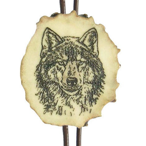 Engraved Wolf Bolo Tie: Deer Horn Pendant, Leather Strap Necklace