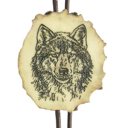 Engraved Wolf Bolo Tie: Deer Horn Pendant, Leather Strap Necklace