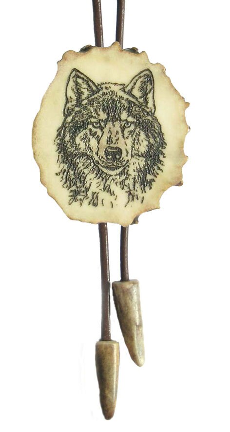 Engraved Wolf Bolo Tie: Deer Horn Pendant, Leather Strap Necklace