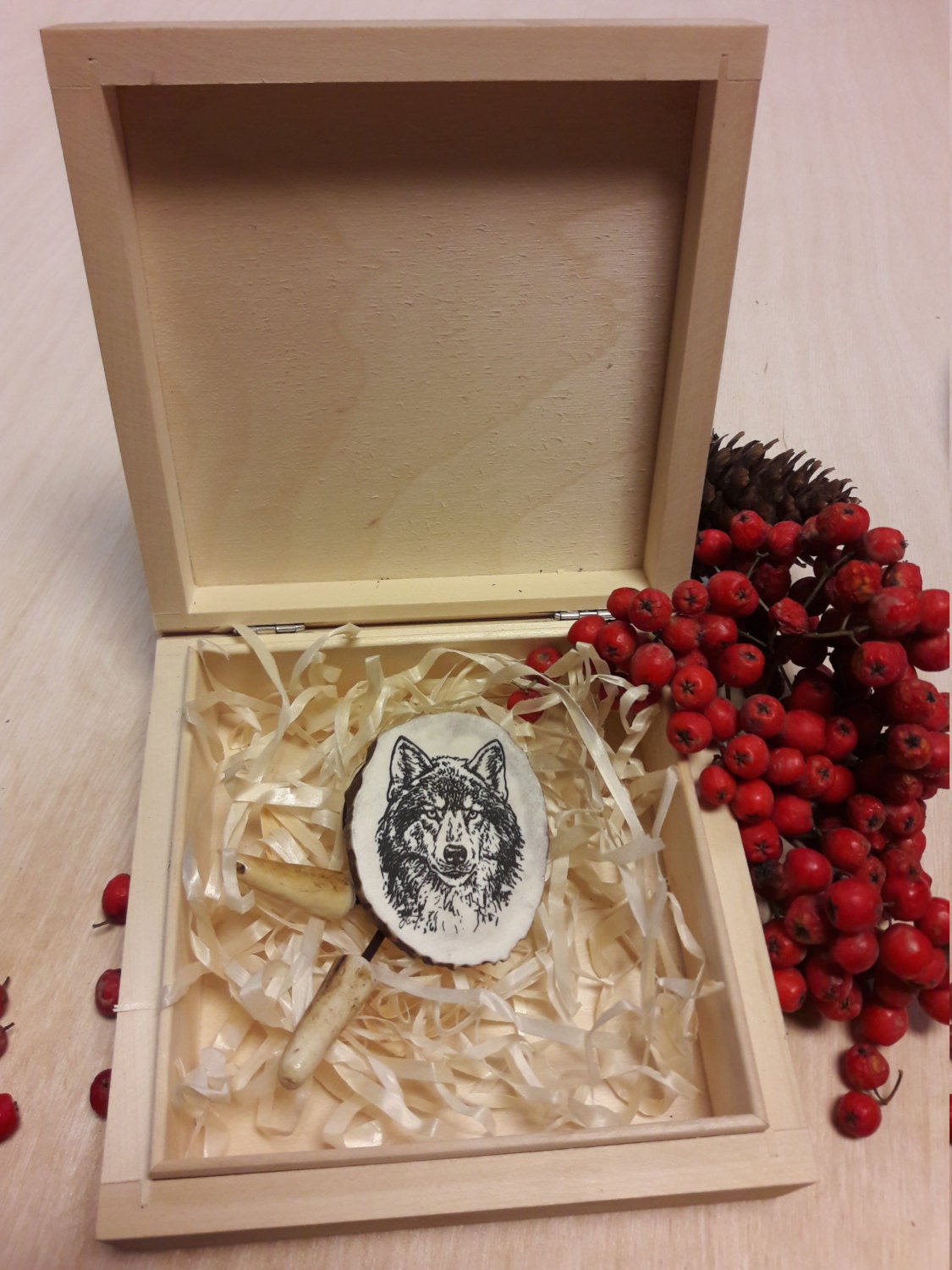 Engraved Wolf Bolo Tie: Deer Horn Pendant, Leather Strap Necklace