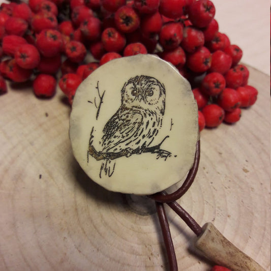 Engraved Owl Horn Bolo Tie: Handmade Western Cowboy Necklace