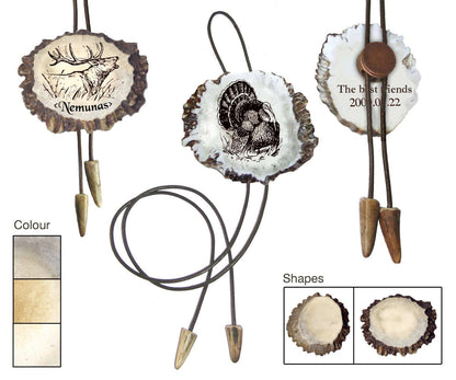 Bolo tie with engraved custom dog, made from deer horn